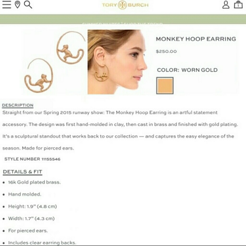 Tory Burch NWOT Monkey 16K Gold Hoop Earrings - Picture 3 of 7